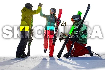 ski odjeća banner sa tekstom ski odjeća transparentnim na prikazu tri osobe sa ski opremom skijama i ski odjećom