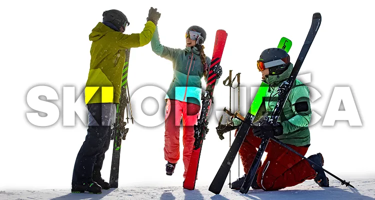 ski odjeća banner sa tekstom ski odjeća transparentnim na prikazu tri osobe sa ski opremom skijama i ski odjećom
