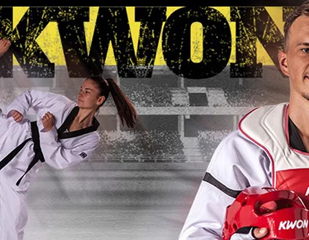karate kwon oprema zaštitna sa modelima u kimonima na pozadini sa tekstom kwon