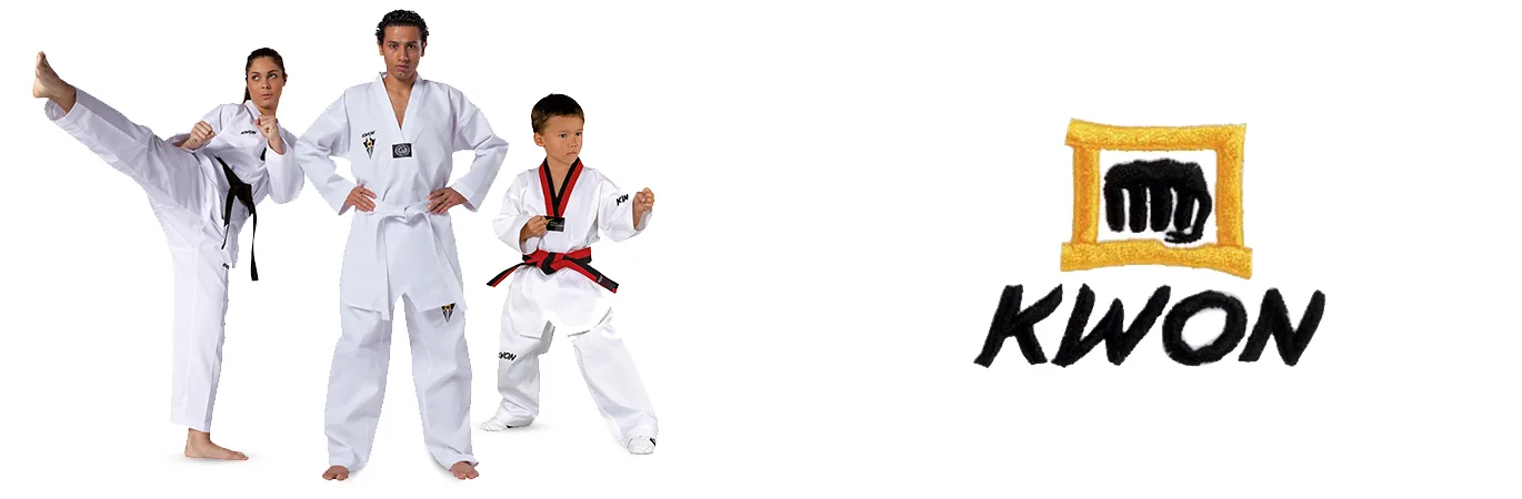 tri borca u kimonima za taekwondo na lijevoj strani i logo kwon-a na desnoj strani